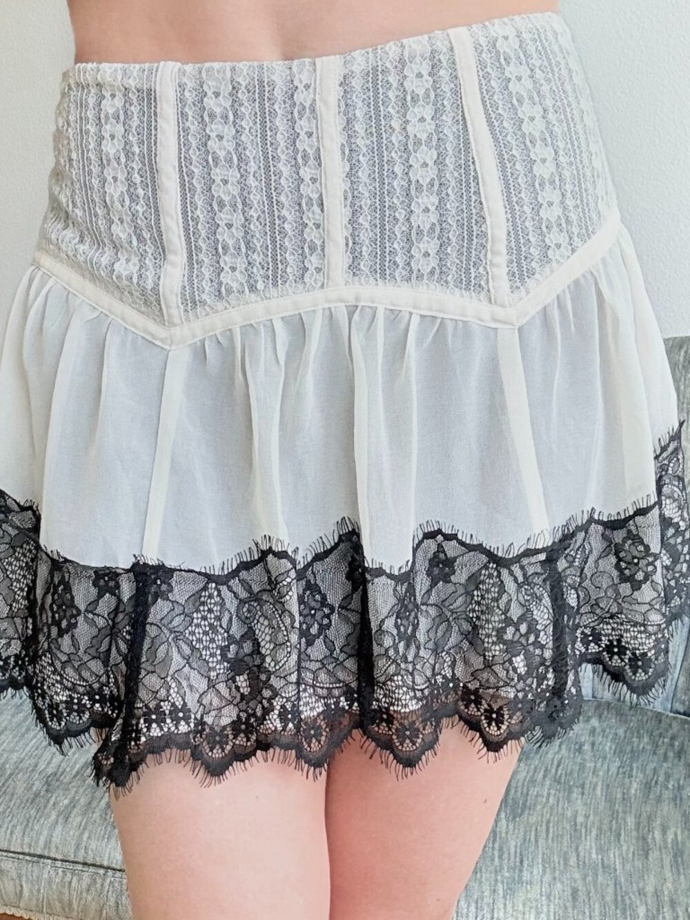 Urban Outfitters y2k Semi Sheer Ivory Mini Skirt Ivory Black Lace XS